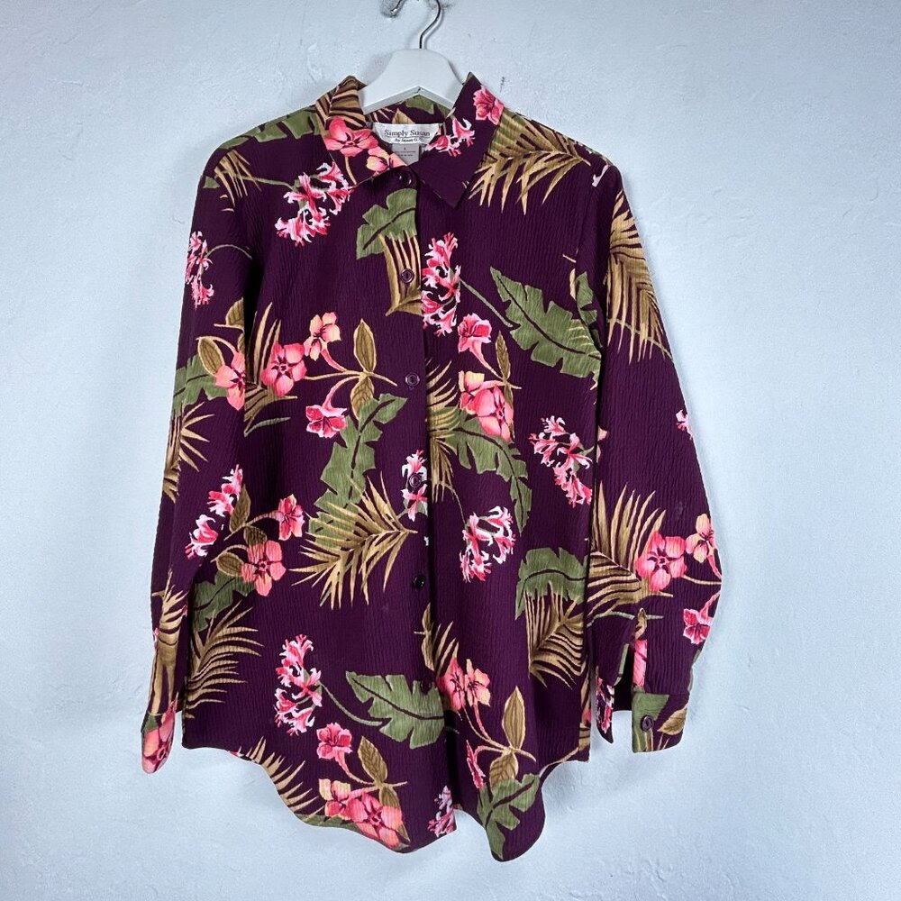 Simply Susan Womens Floral Hawaiian Shirt Top Small Purple Button Up Long Sleeve